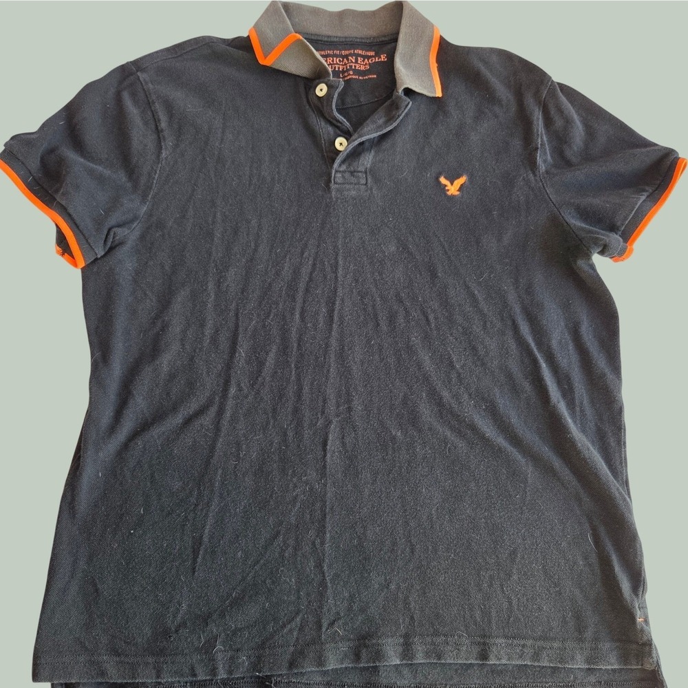 American Eagle Mens Polo‎ Shirt Large Black Orange Grey Athletic Fit Y2K Skater